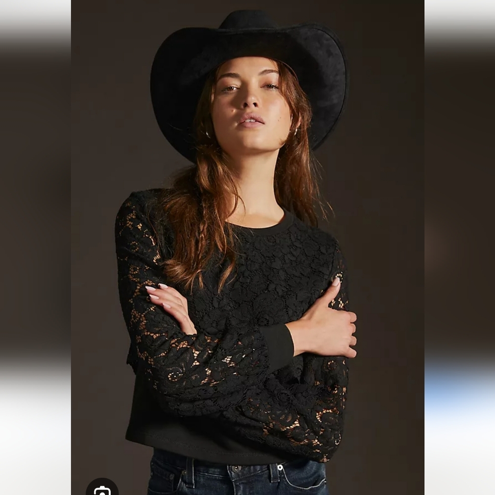 Anthropologie Black Lace Sleeve Sweatshirt
